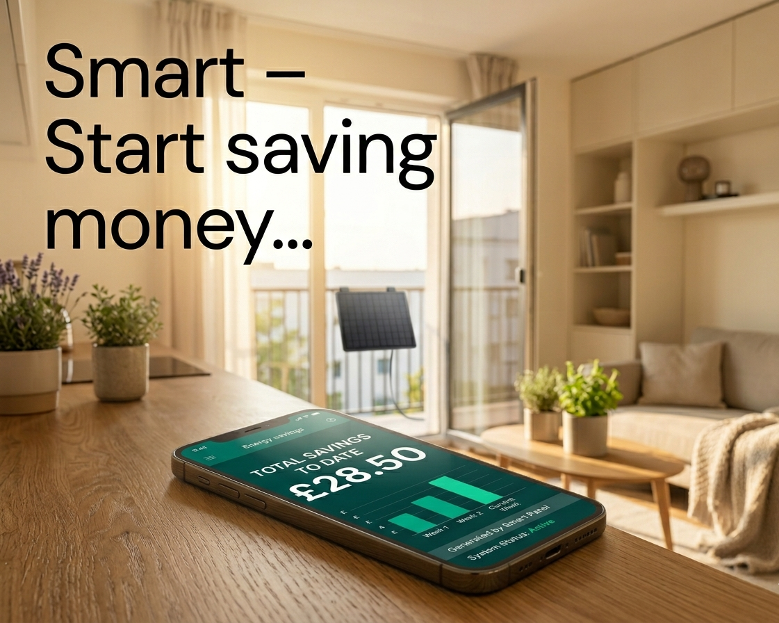 Home energy savings dashboard in a modern interior
